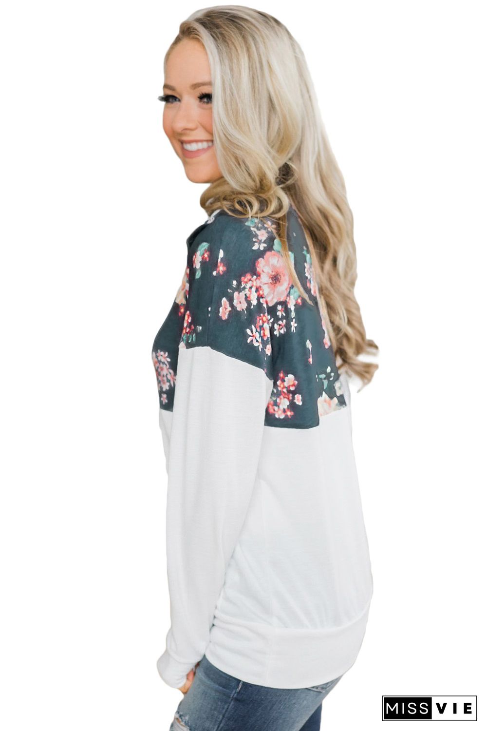 Floral Splice White Kangaroo Pocket Zip Collar Sweatshirt