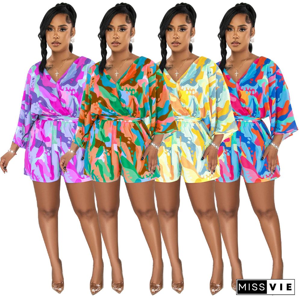 New V-neck Sexy Backless Printed Shorts Jumpsuit