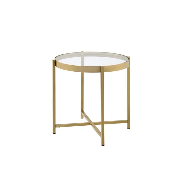 Glass Top Round End Table， Gold Finish