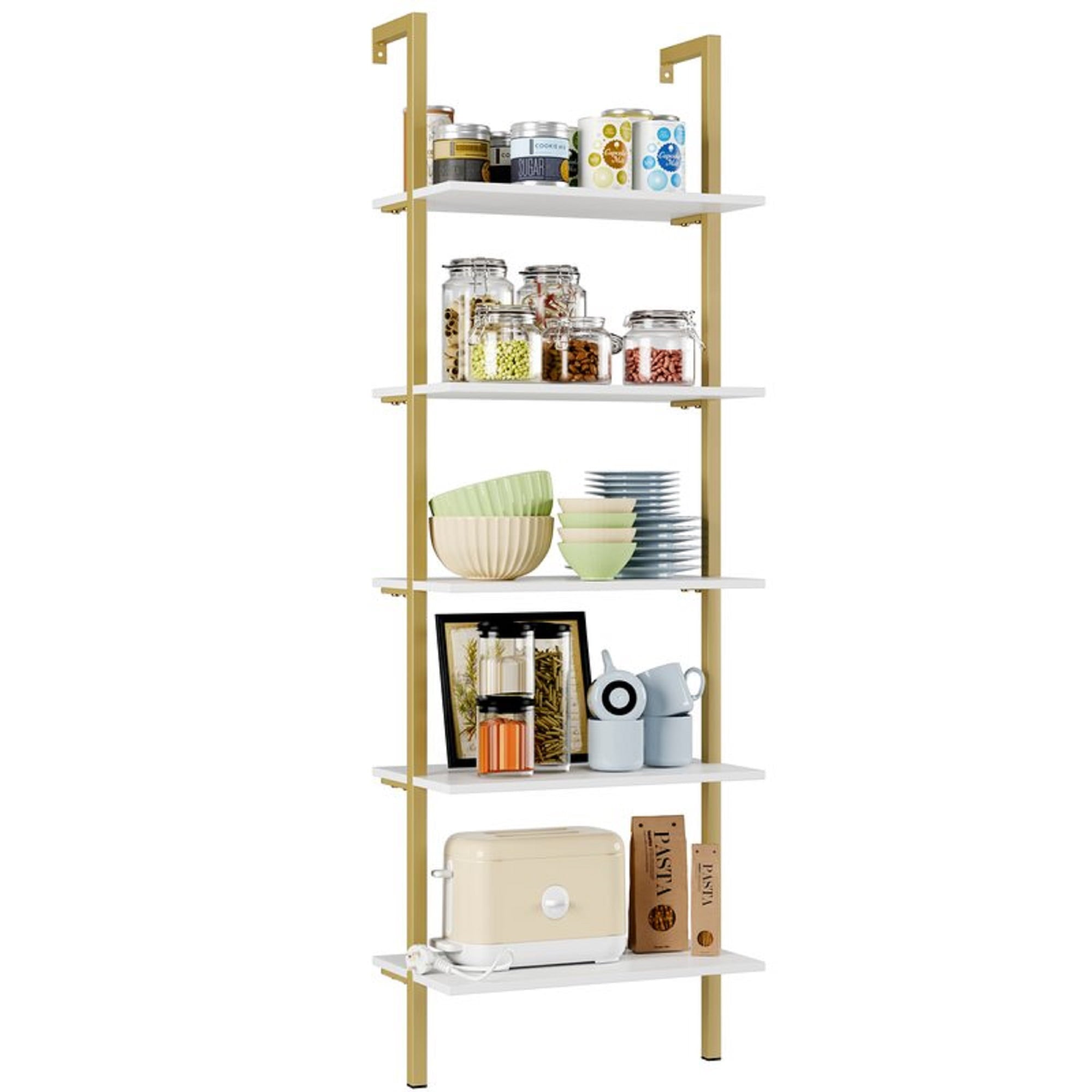 Homfa Wall Mounted Iron Bookcase, 5 Tiers Ladder Shelves with Gold Frame, White Finish