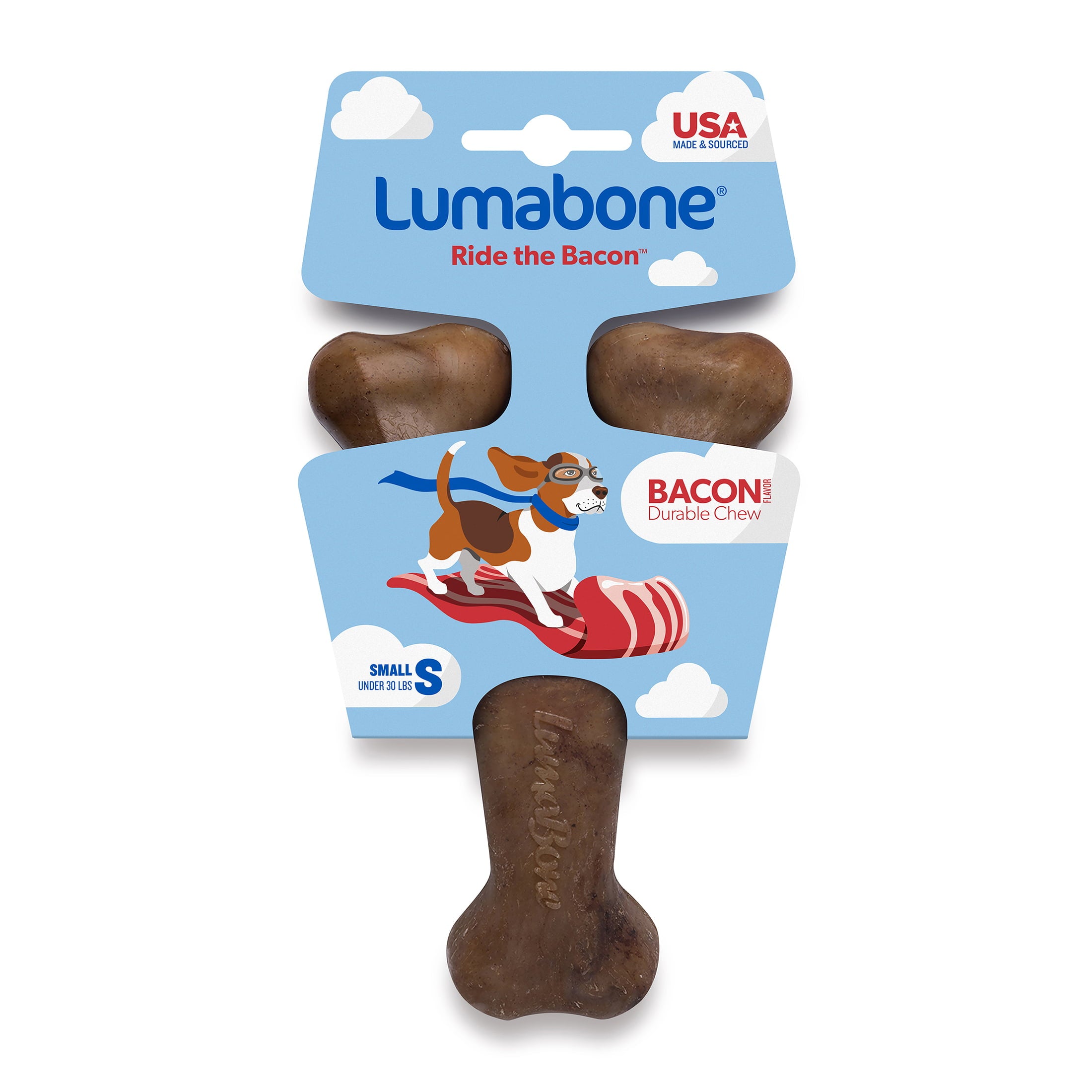 Lumabone Real Bacon Durable Wishbone Dog Chew Toy， Small