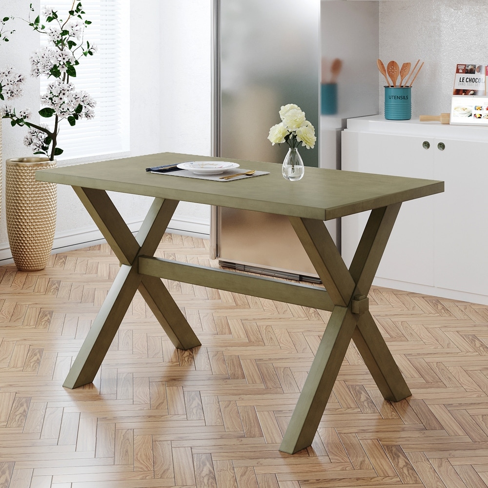 Rubber Wood Legs with MDF Tabletop Farmhouse Rustic Wood Kitchen Dining Table with X Shape Legs  Gray  Green