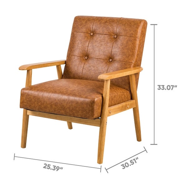 Brown Leather Accent Chair with Solid Wood Legs - Upholstered Lounge Arm Chairs