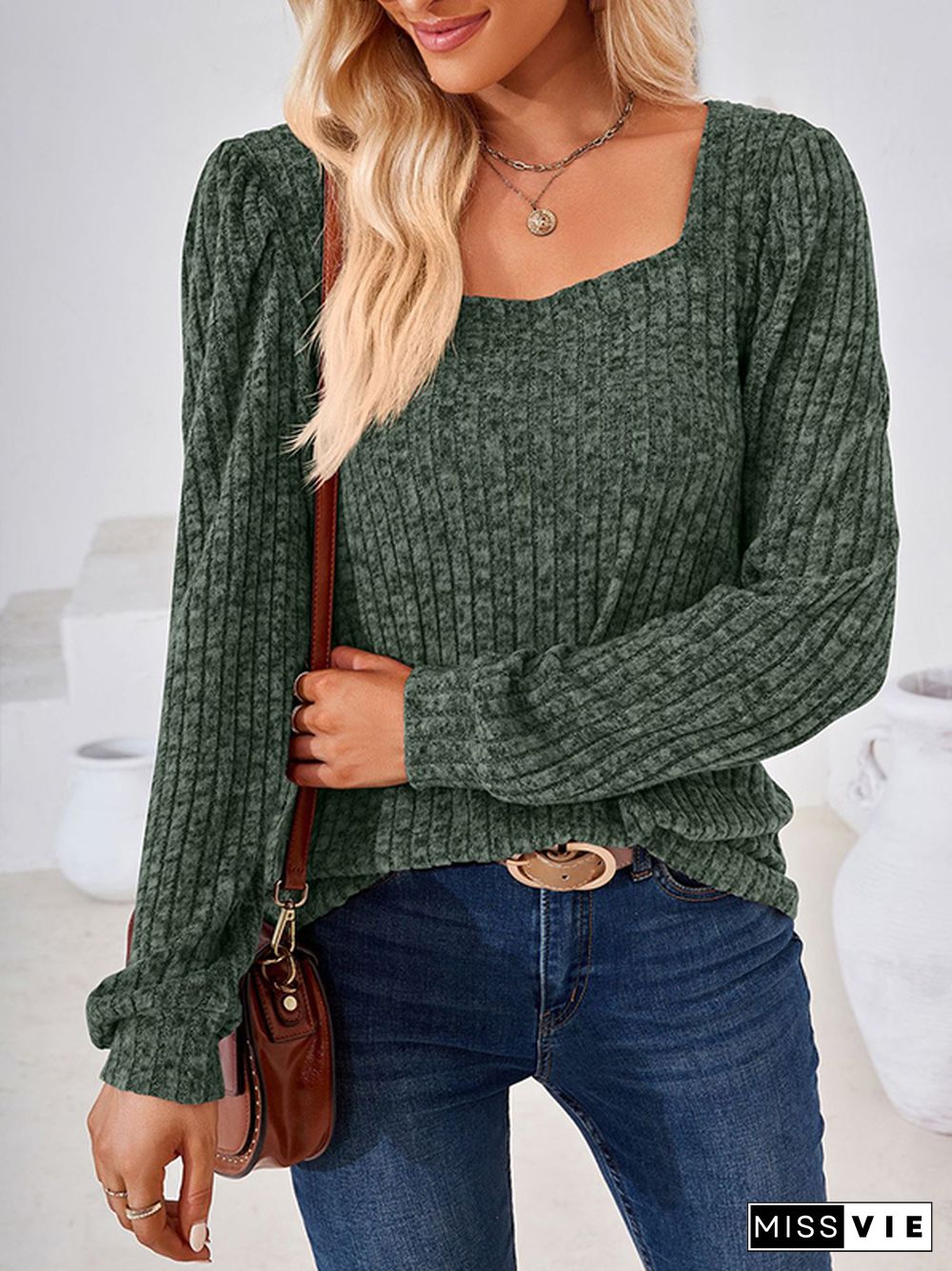 Long Sleeves Loose Solid Color Square-Neck T-Shirts Tops