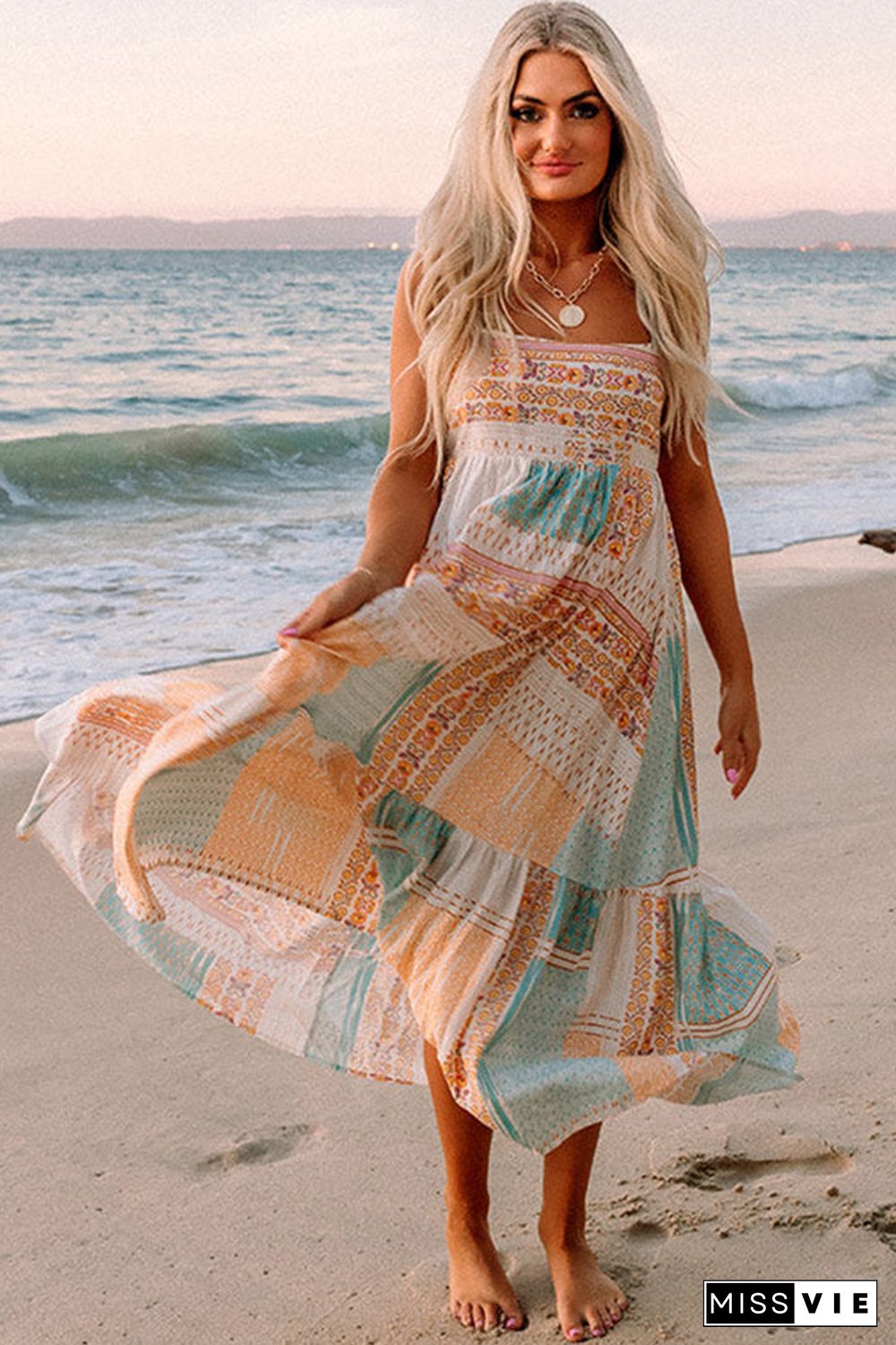 Multicolor Boho Patchwork Print Square Neck Sundress