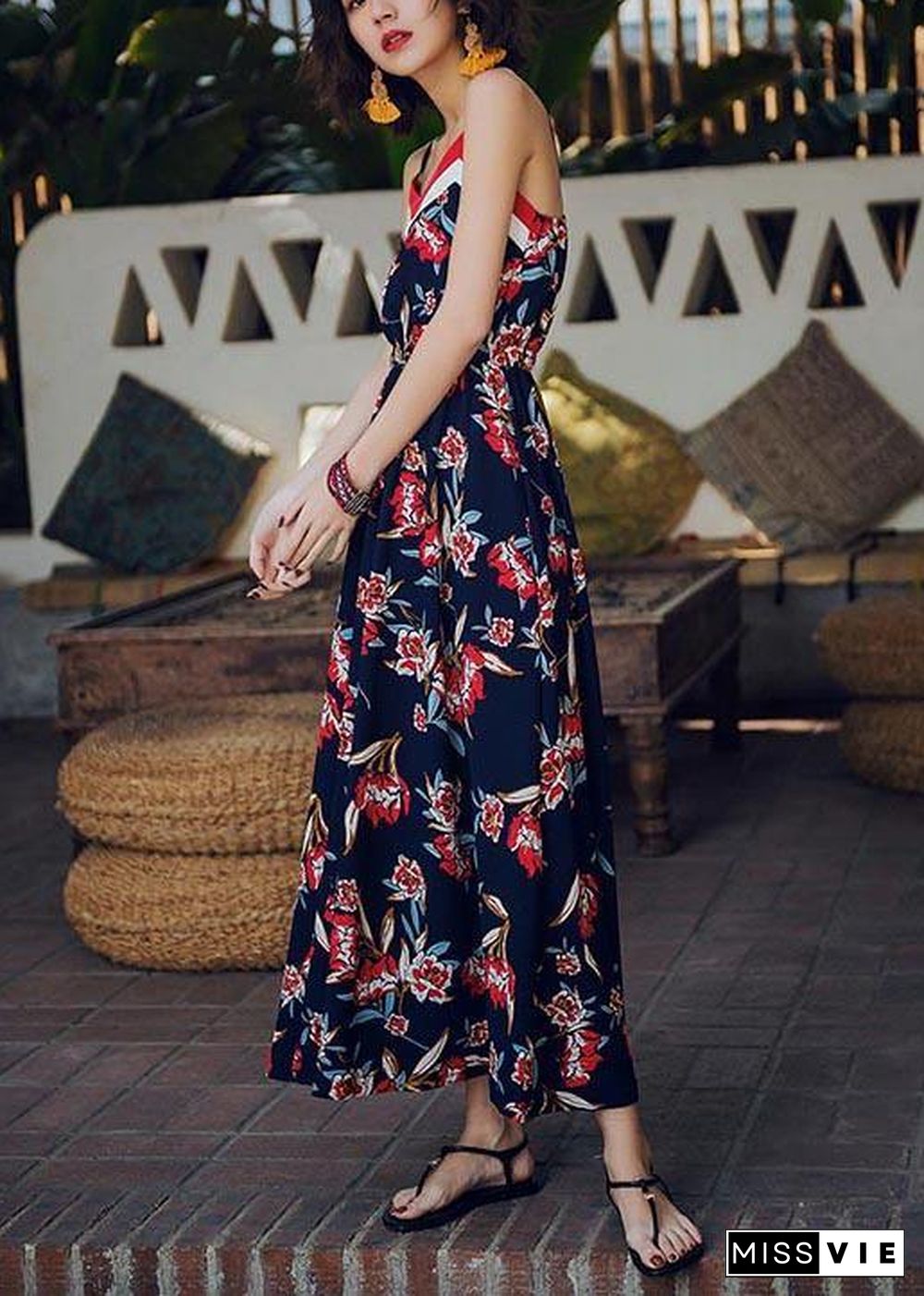 Modern Navy Print Backless Cotton  Maxi Dresses