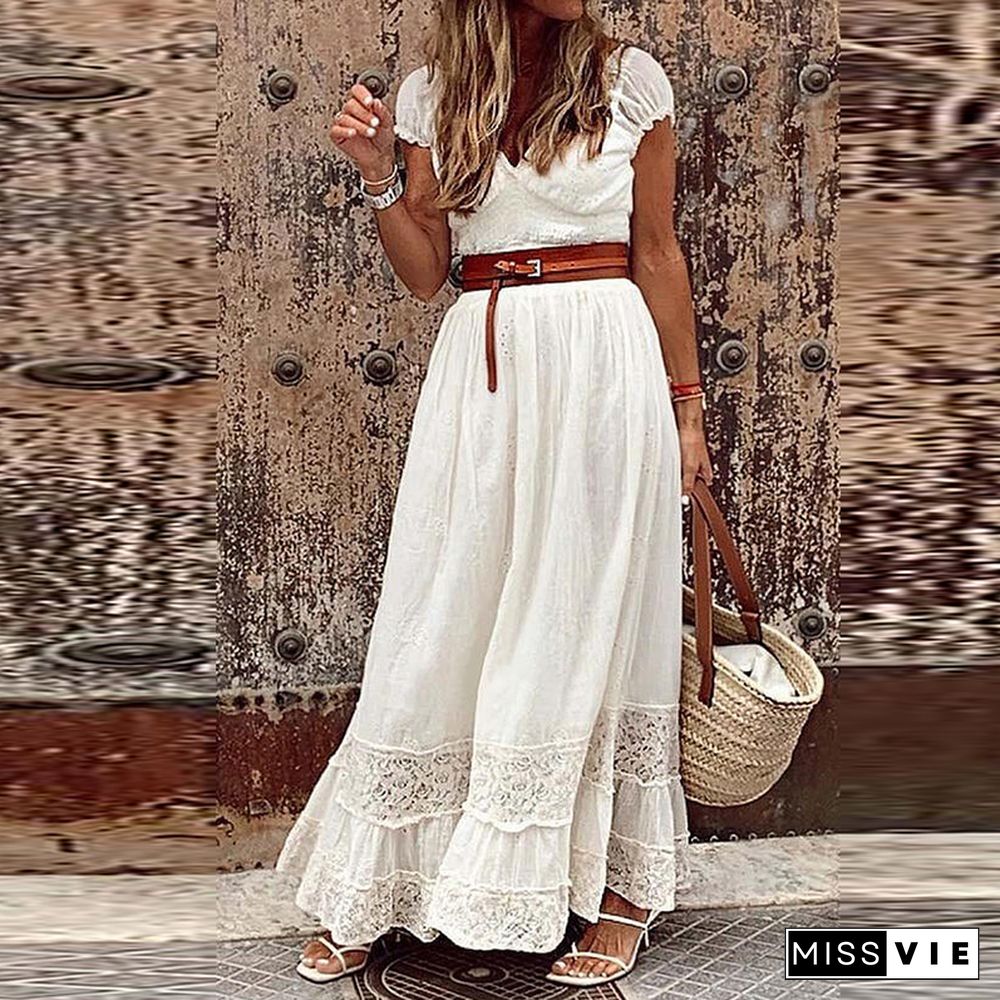 Summer Women Sexy V-Neck Short Sleeve Long Dress Fashion Elegant Embroidery Lace Party Dress Office Lady Slim Maxi Dress Vestido