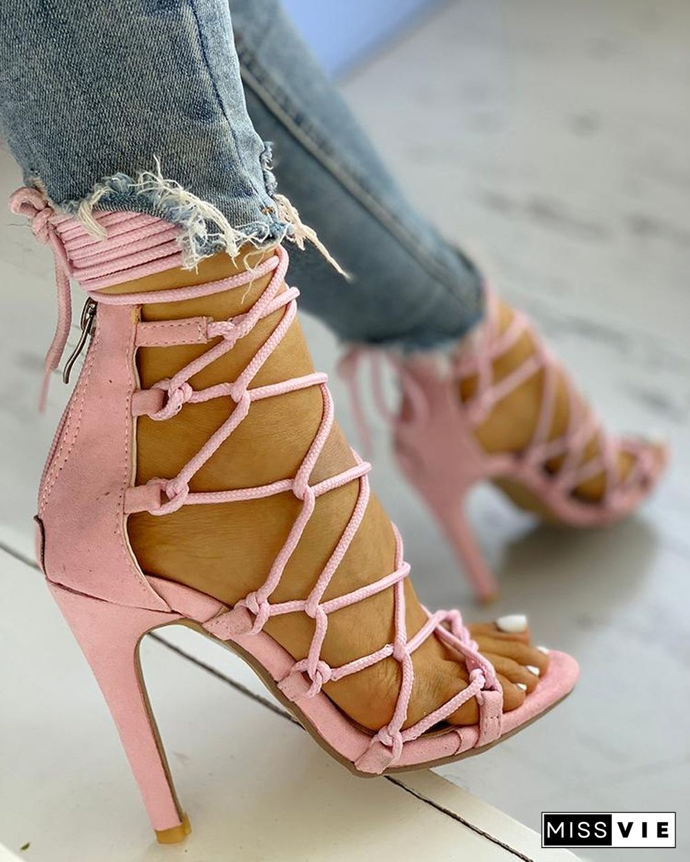 Hollow Out Lace Up Thin Heels Sandals