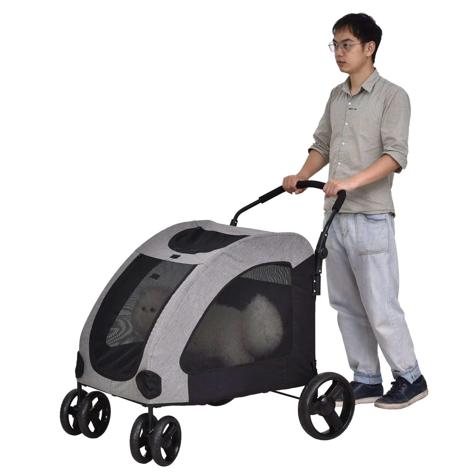 PawHut Foldable Dog Stroller with Storage Pocket， Oxford Fabric for Medium or Large Size Dogs， Grey