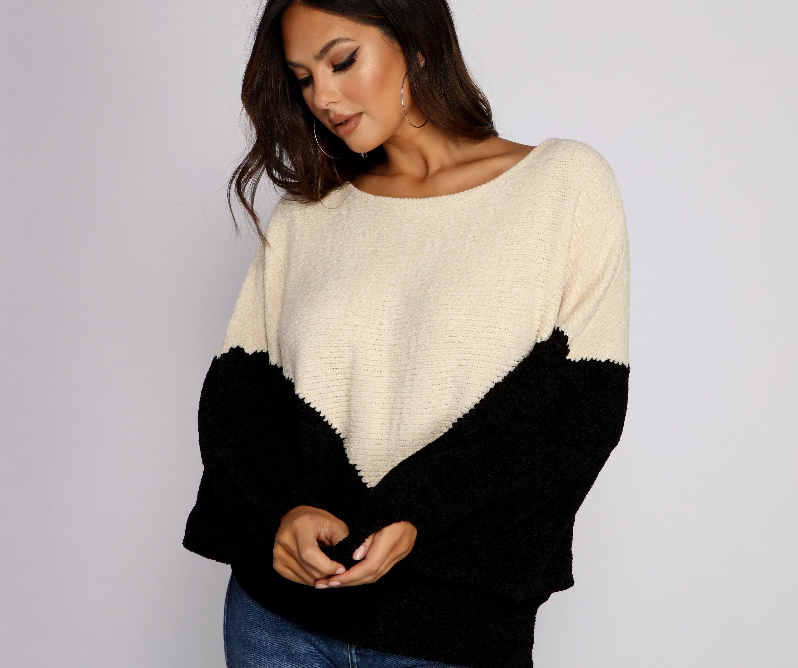 Two Tone Chenille Boat Neck Sweater