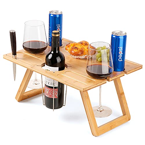 Portable Bamboo Wine Picnic Table， Foldable Outdoor Picnic Table， Snack Table， Date Idea Table， Wine Picnic Table with Bottle and Glass Holder， Lightweight Portable Picnic Table， Bed Breakfast Table