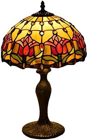 SHADY Tiffany Lamp Stained Glass Lamp Red Tulip Bedroom Table Lamp Reading Desk Light for Bedside Living Room Office Dormitory Dining Room Decorate  12x12x18 Include Light Bulb