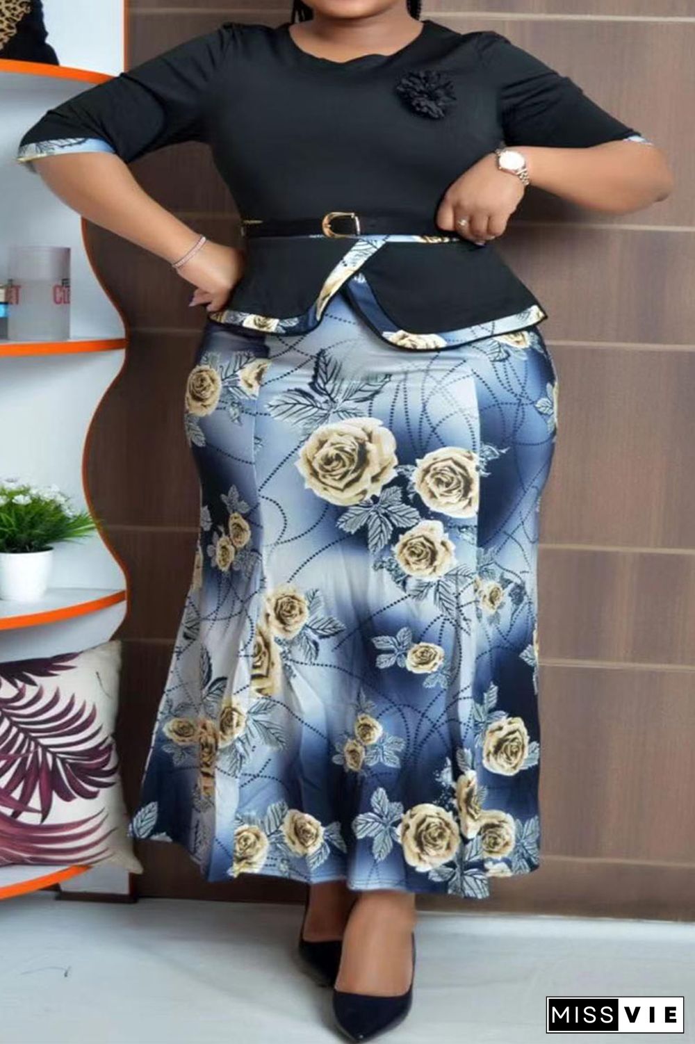 Burgundy Casual Work Elegant Floral Patchwork Slit Contrast O Neck Wrapped Skirt Plus Size Two Pieces(With Belt)