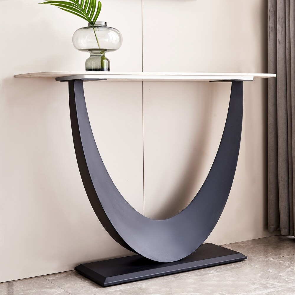 Black Modern Console Table  Sintered Stone Top  U Shaped Base