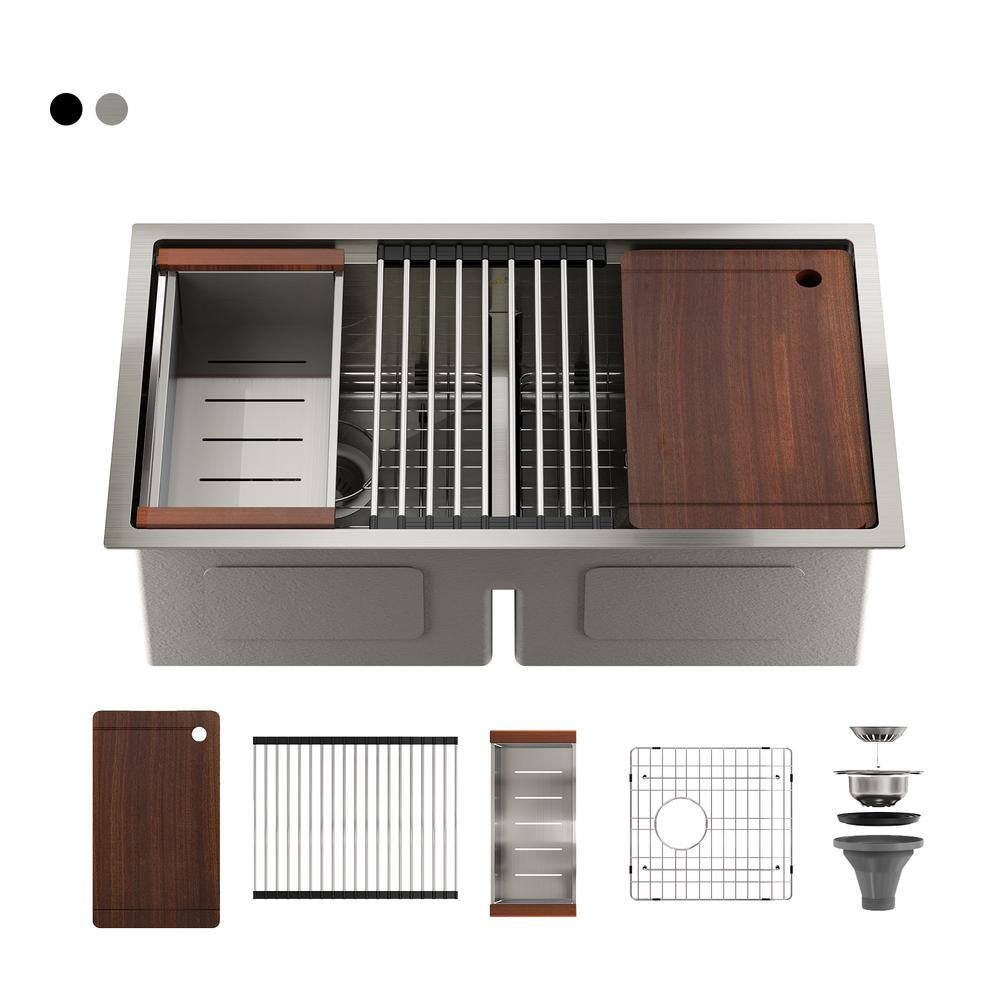 CASAINC Stainless Steel Sink 33 in. 16-Gauge Double Bowl Undermount Workstation Kitchen Sink in Brushed with Accessories CA-3319UT-BS