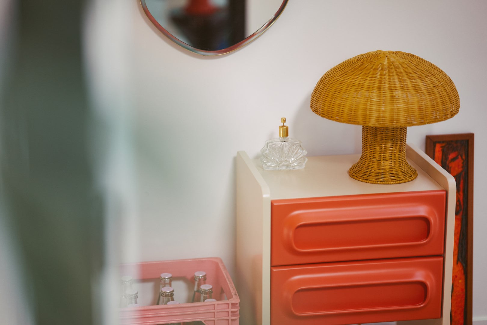 Rattan mushroom table lamp Mustard