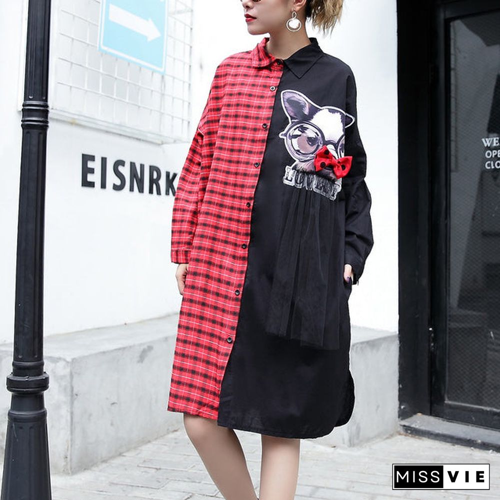 fine red plaid cotton pullover Loose fitting cotton maxi t shirts Fine side open patchwork cotton blouses