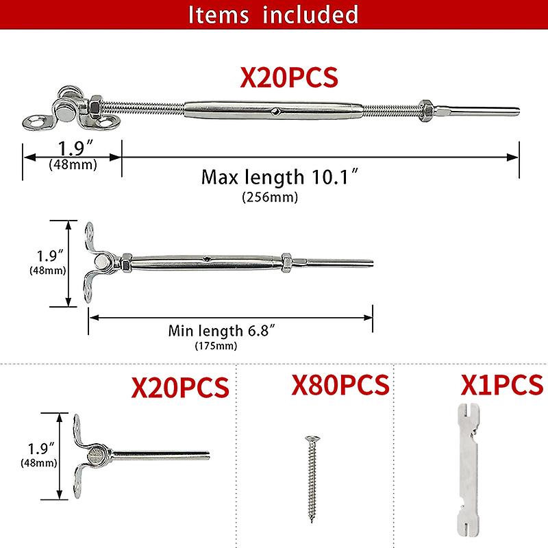 20 Set Cable Railing Kit 1/8andquot; Swage Toggle Turnbuckle Hardware Angle 180adjustable T316 Stainless Steel For Wood Post