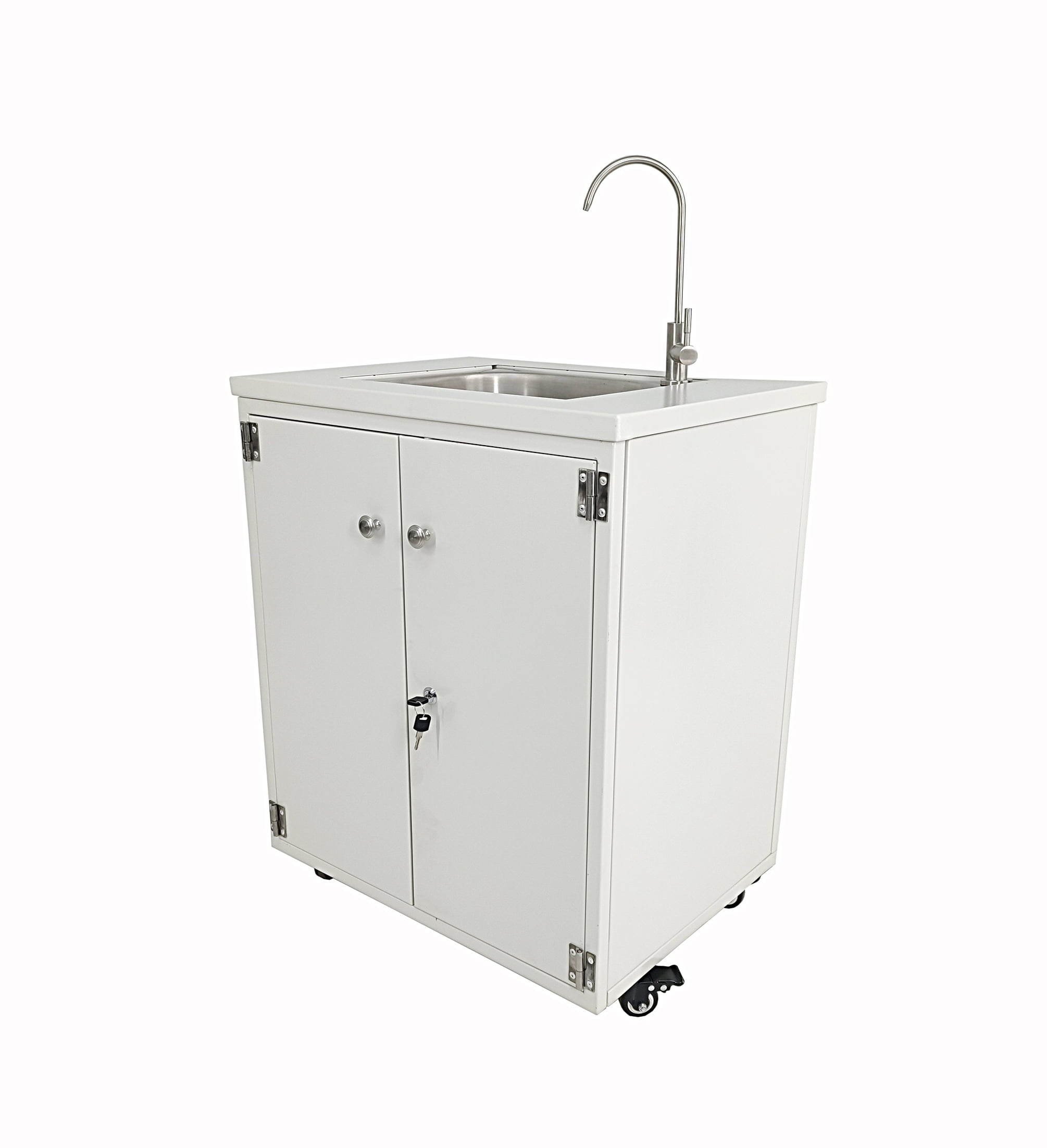 Steel Cabinet Portable Sink Self Contained Hand Wash Station Mobile Sink Water Fountain Water Supply 110V/12V Powered Built-in Pump Water Jugs NOT included 24 X 18 X 30" CABINET SIZE 10094