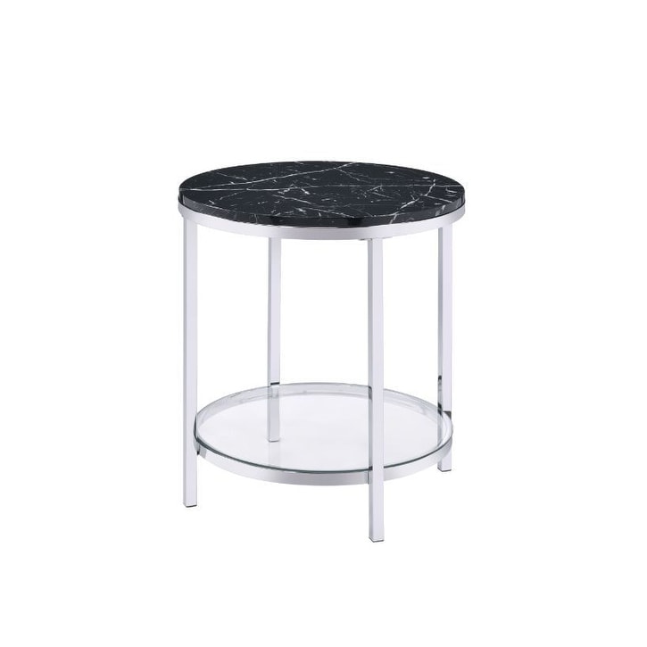 Contemporary Virlana Round End Table with Black Marble TopandGlass Shelf