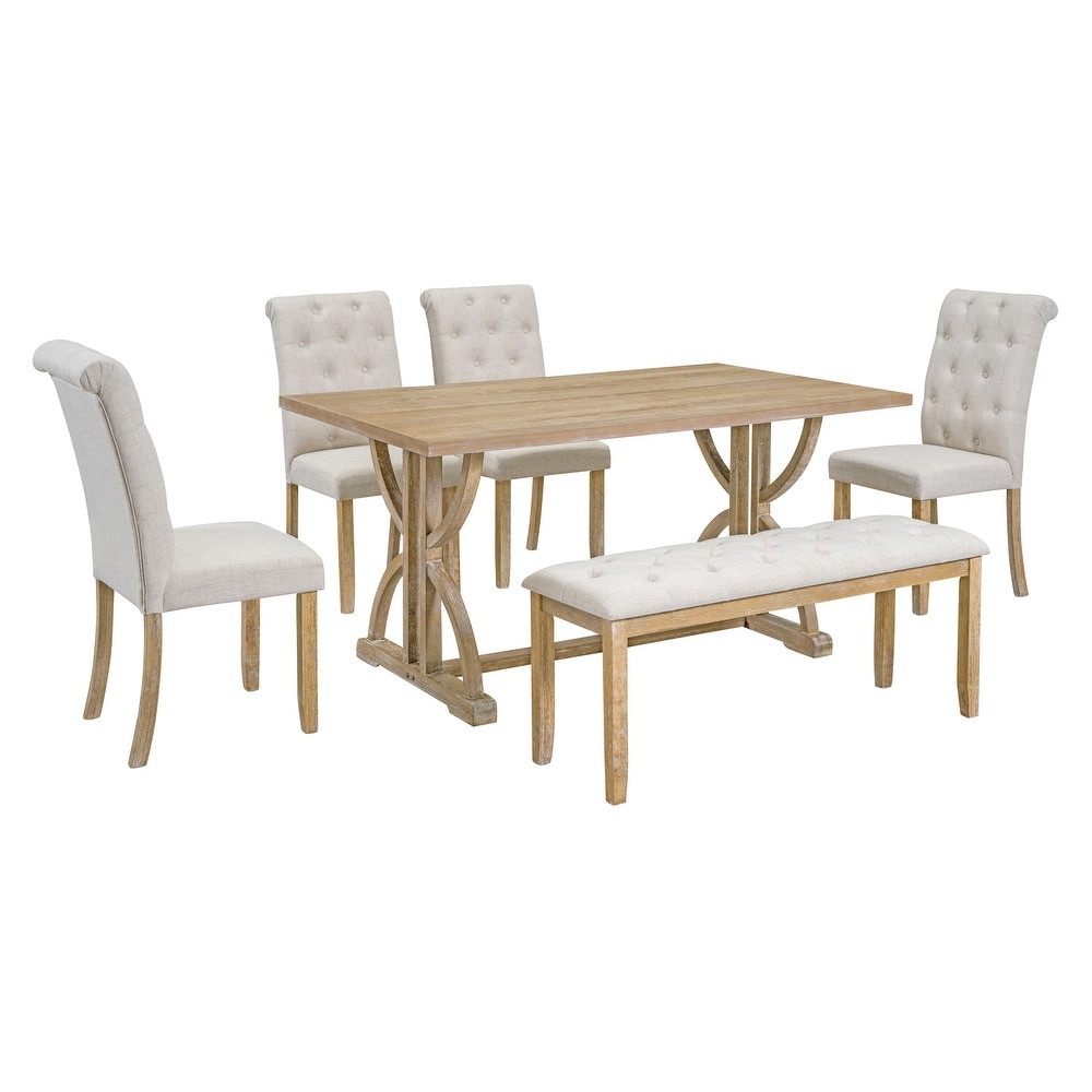 6 Piece Rectangular Dining Table Set with Unique Legs  4 Upholstered Chairs and 1 Bench