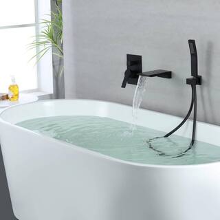 FLG Single-Handle Wall-Mount Roman Tub Faucet with Hand Shower Brass Waterfall Tub Filler in Matte Black SS-0052-MB