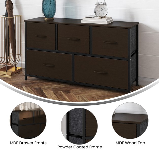 Emma And Oliver 5 Drawer Storage Dresser With Cast Iron Frame Wood Top And Easy Pull Fabric Drawers With Wooden Handles