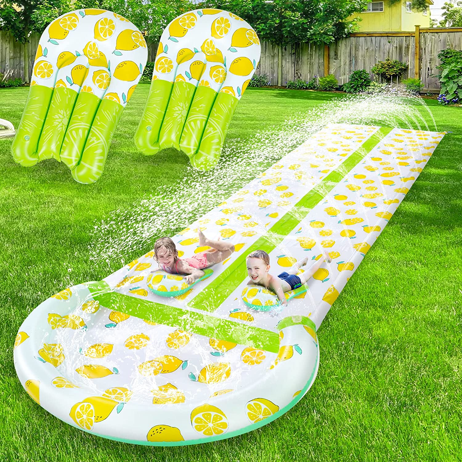 Terra Slip and Slide Inflatable Porch Water Slide with Sprinkler, Summer Toy with 2 Body boards, Sports Garden Water Play Toys for Kids & Family Games