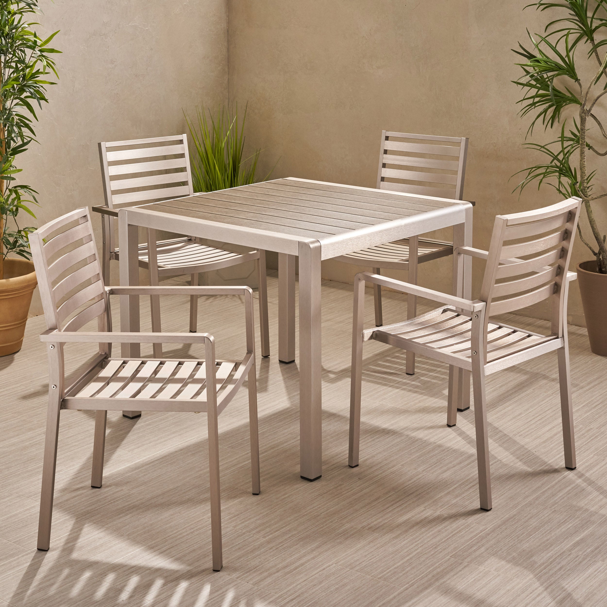 Cherie Outdoor Modern 4 Seater Aluminum Dining Set with Faux Wood Table Top