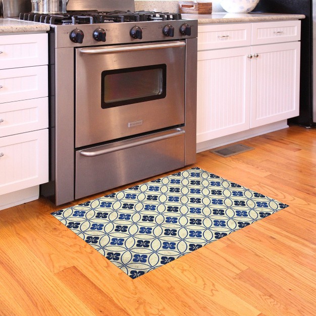 Florart Palisades Low Profile Easy Clean Kitchen Mat Blue cream Bungalow Flooring