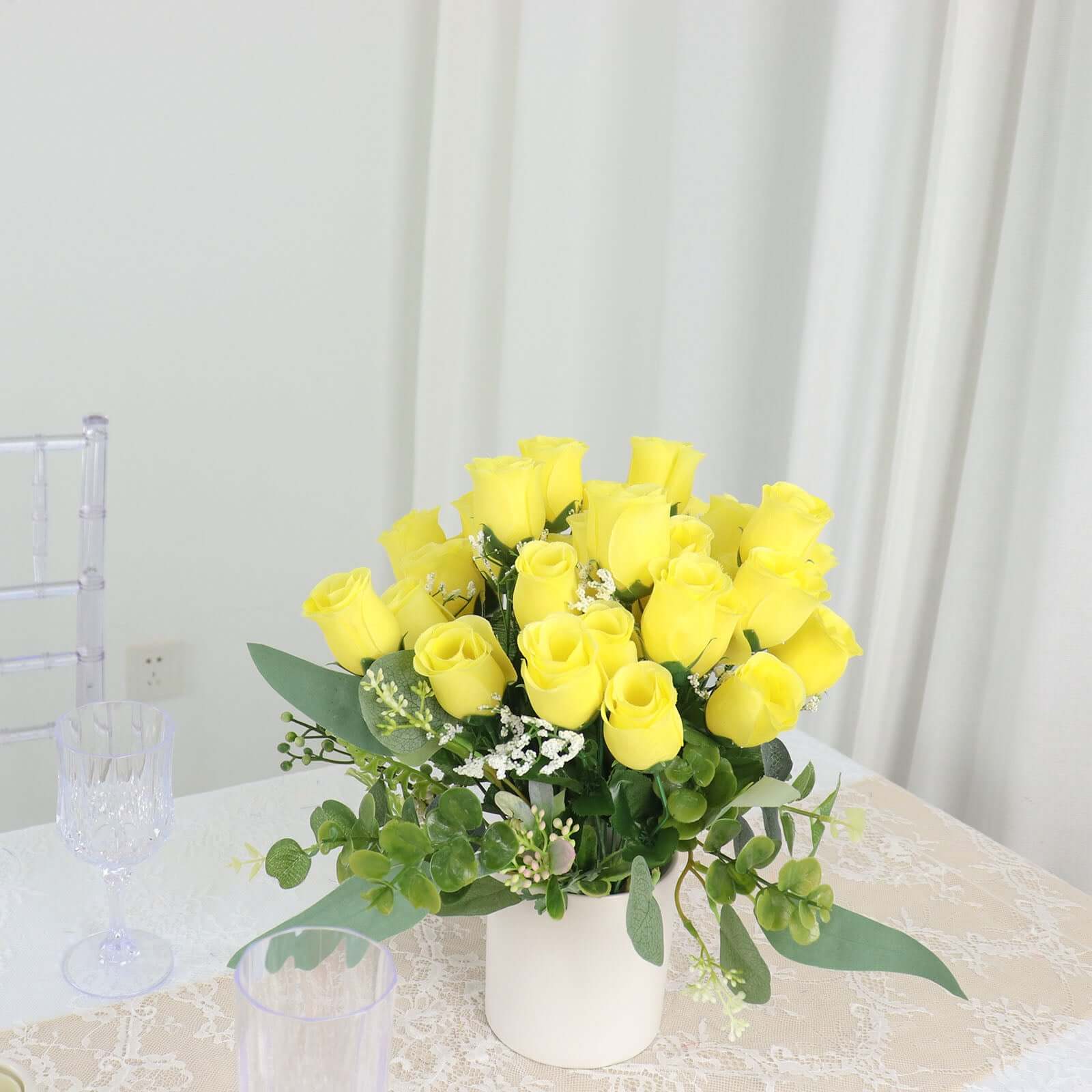 12 Bushes Yellow Artificial Premium Silk Flower Rose Bud Bouquets