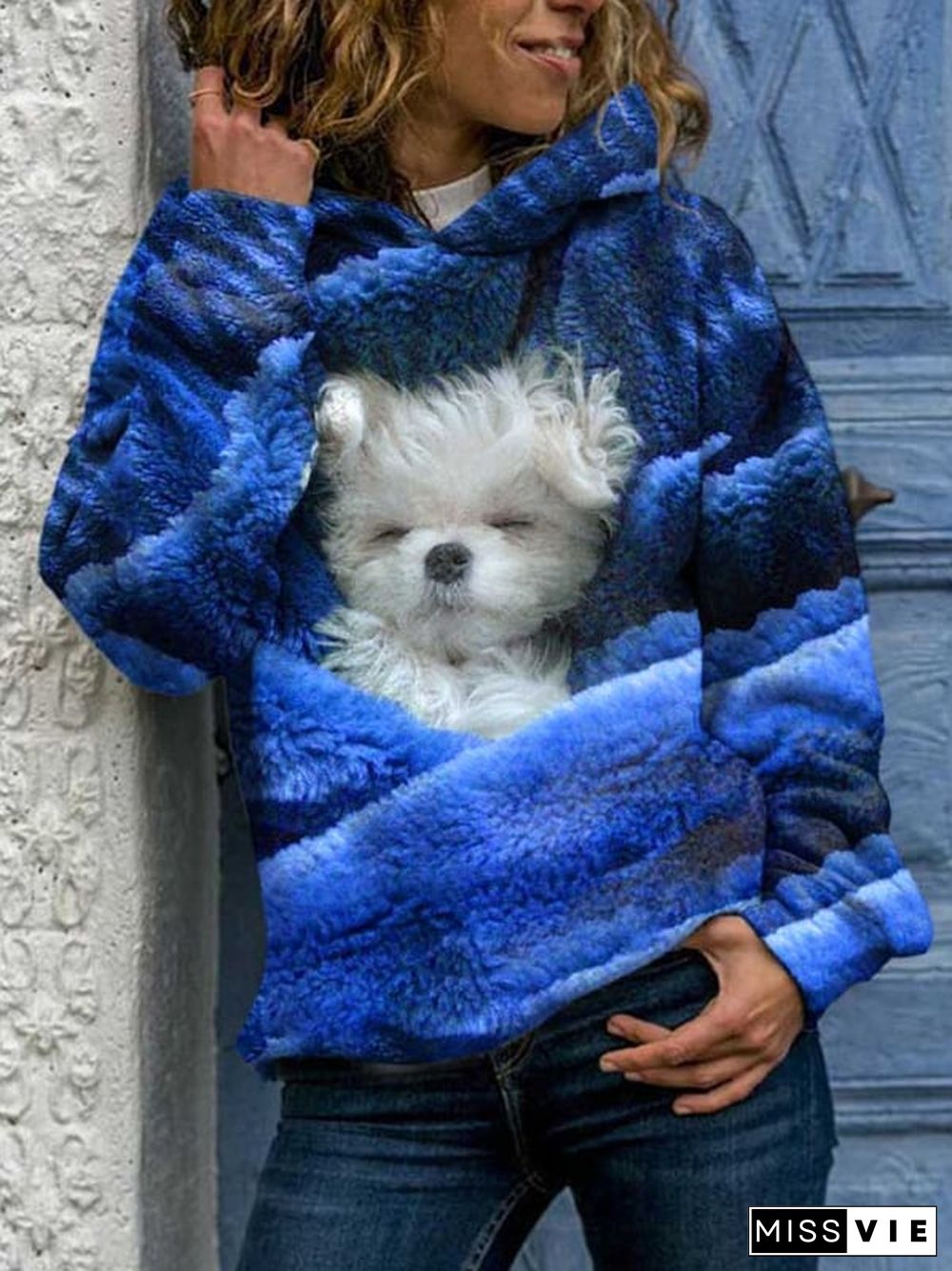 Fashionable Dog Print Hooded Long-Sleeved Sweatshirt