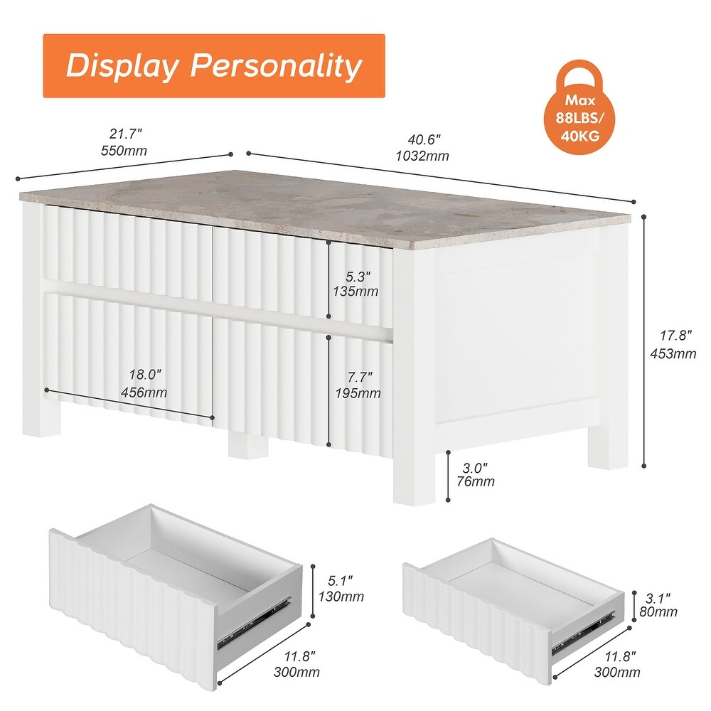 WAMPAT White Modern Coffee Table and 2 in 1 Large TV Stand   White Gray