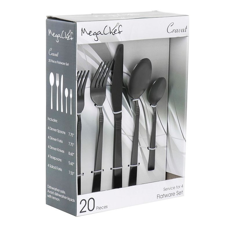 MegaChef Pro Cravat 20 Piece Flatware Utensil Set， Stainless Steel Silverware Metal Service for 4 in Matte Black