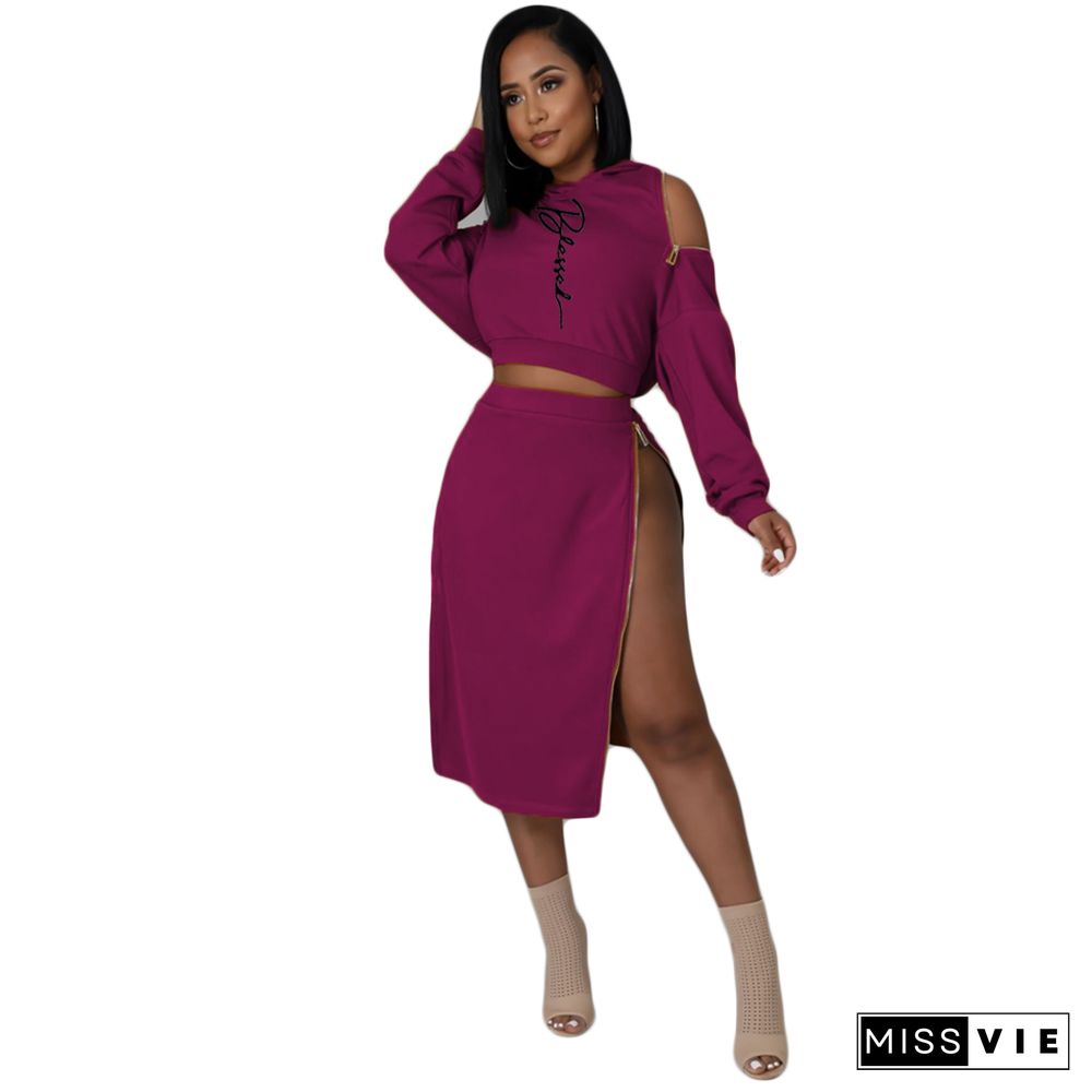 Letter Print Hooded Crop Top Zip Slit Skirt Set