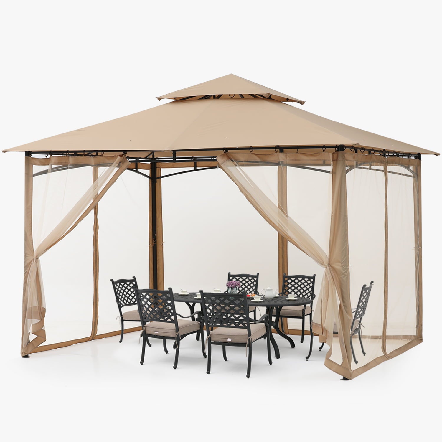 ABCCANOPY 11'x11' Patio Gazebo With Mosquito Netting and Double Soft Roof Canopies for Shade and Rain,Khaki