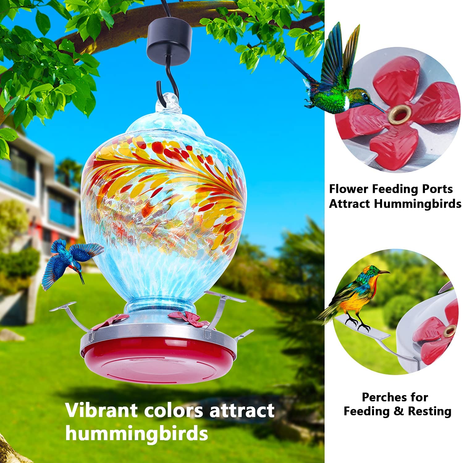 Viajero Hummingbird Feeders for Outdoors， Large 38oz Hand Blown Glass Leak-Proof Hummingbird Feeder with 4 Perch and Ports， Ant Moat and S-Hook， Easy to Wash Fill， Red Orange Yellow Attract Humming Bird