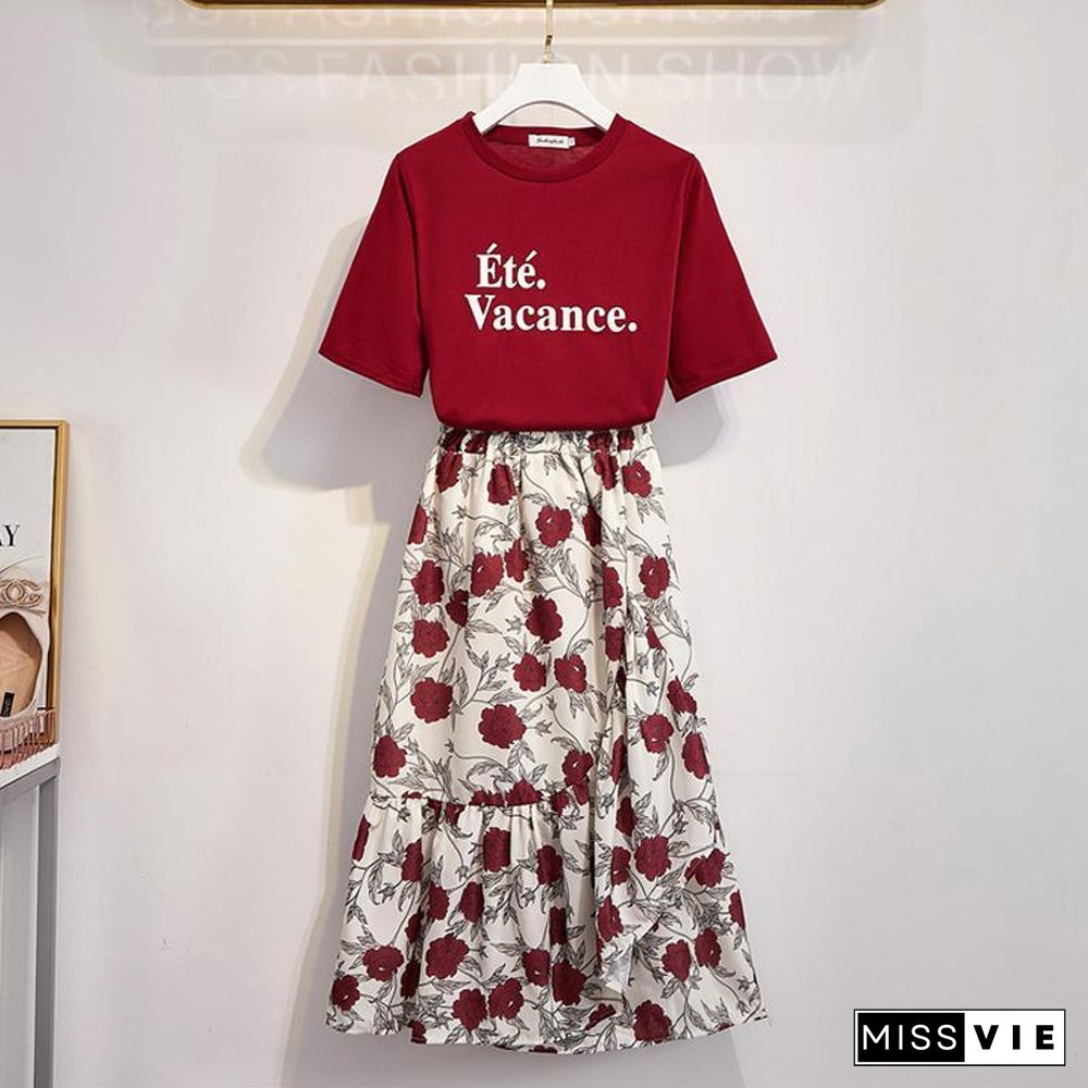 Elegant Letter Tee+Floral Skirt P11380