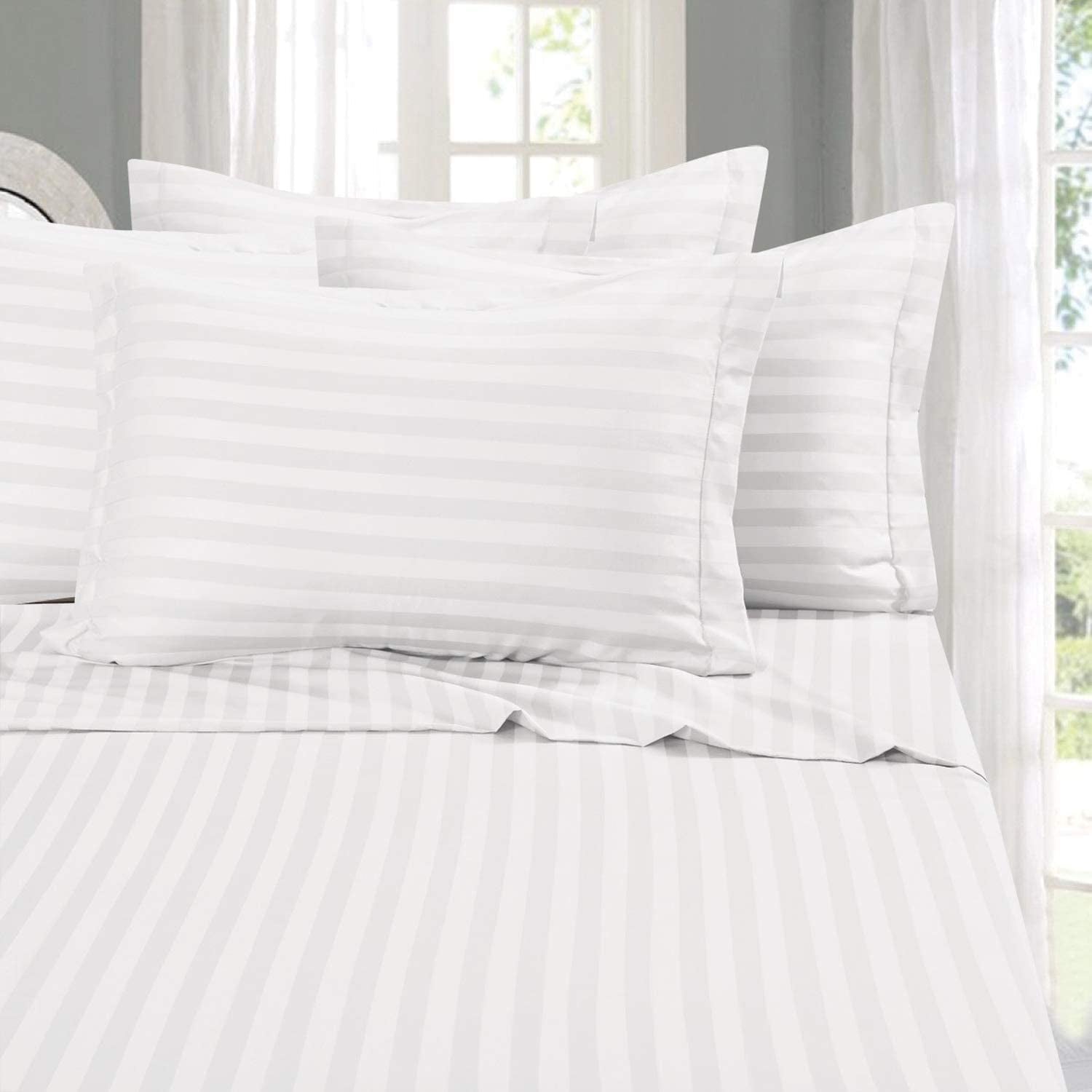 1500 Thread Count 6-Piece Damask Stripe Bed Sheet Set Full White