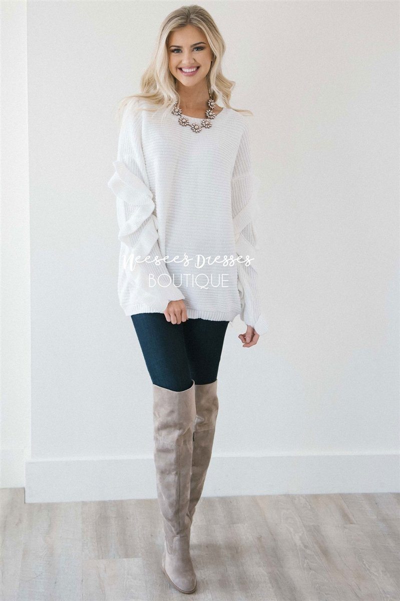 White Ruffle Sleeve Sweater