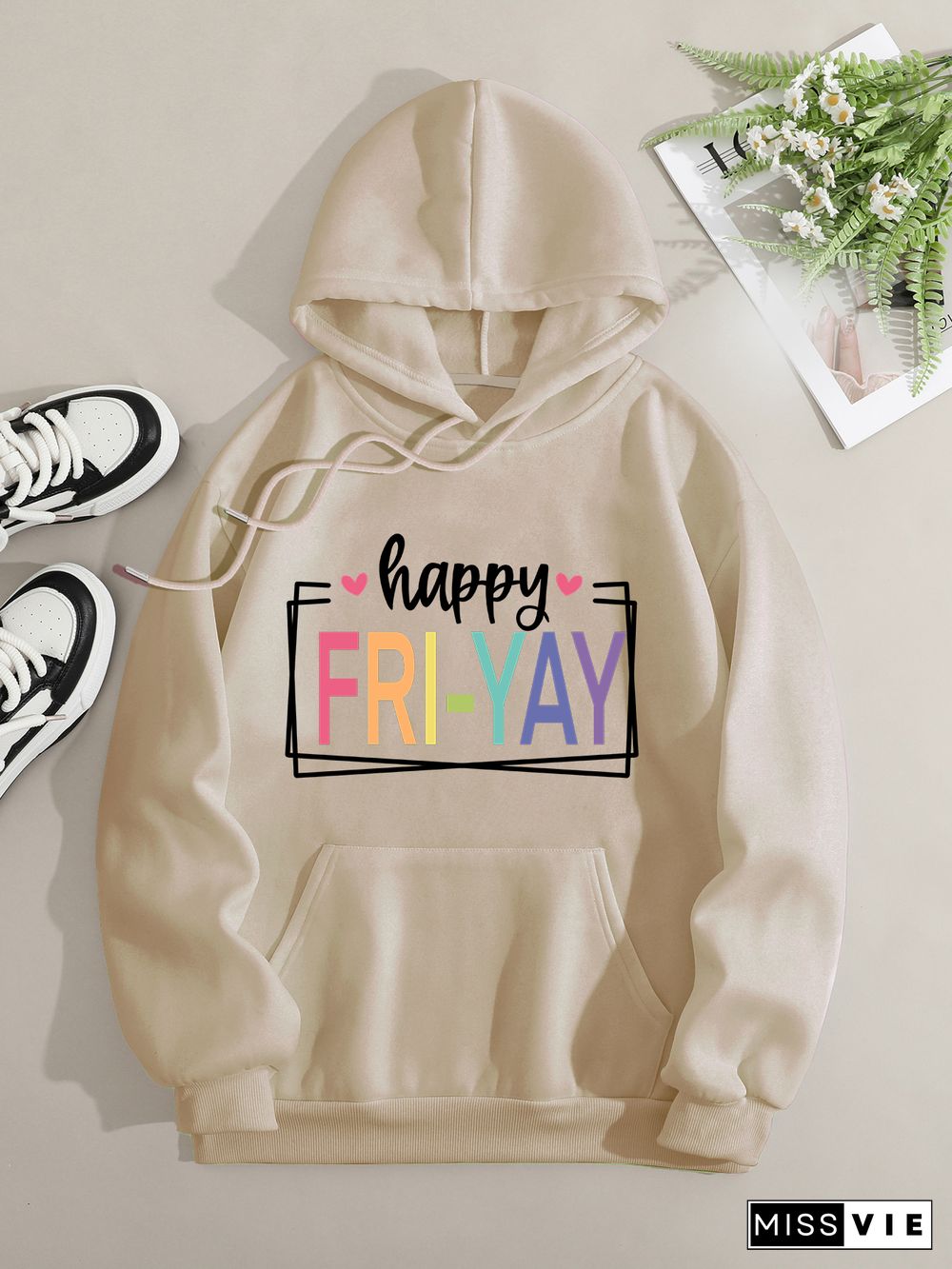 Printed on front Kangaroo Pocket Hoodie Long Sleeve for Women Pattern Happy friyay