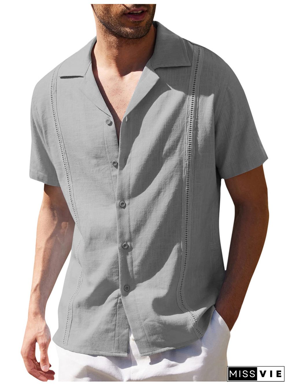 Men's Loose Simple Solid Color Lapel Casual Linen Shirt Short-sleeved Beach Shirt