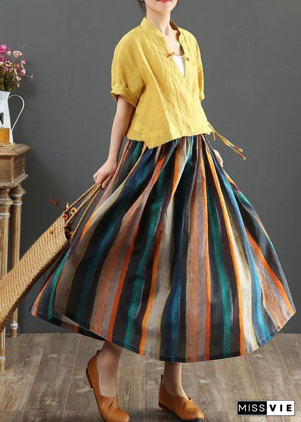 Women Striped A Line Retro Print Skirts Linen