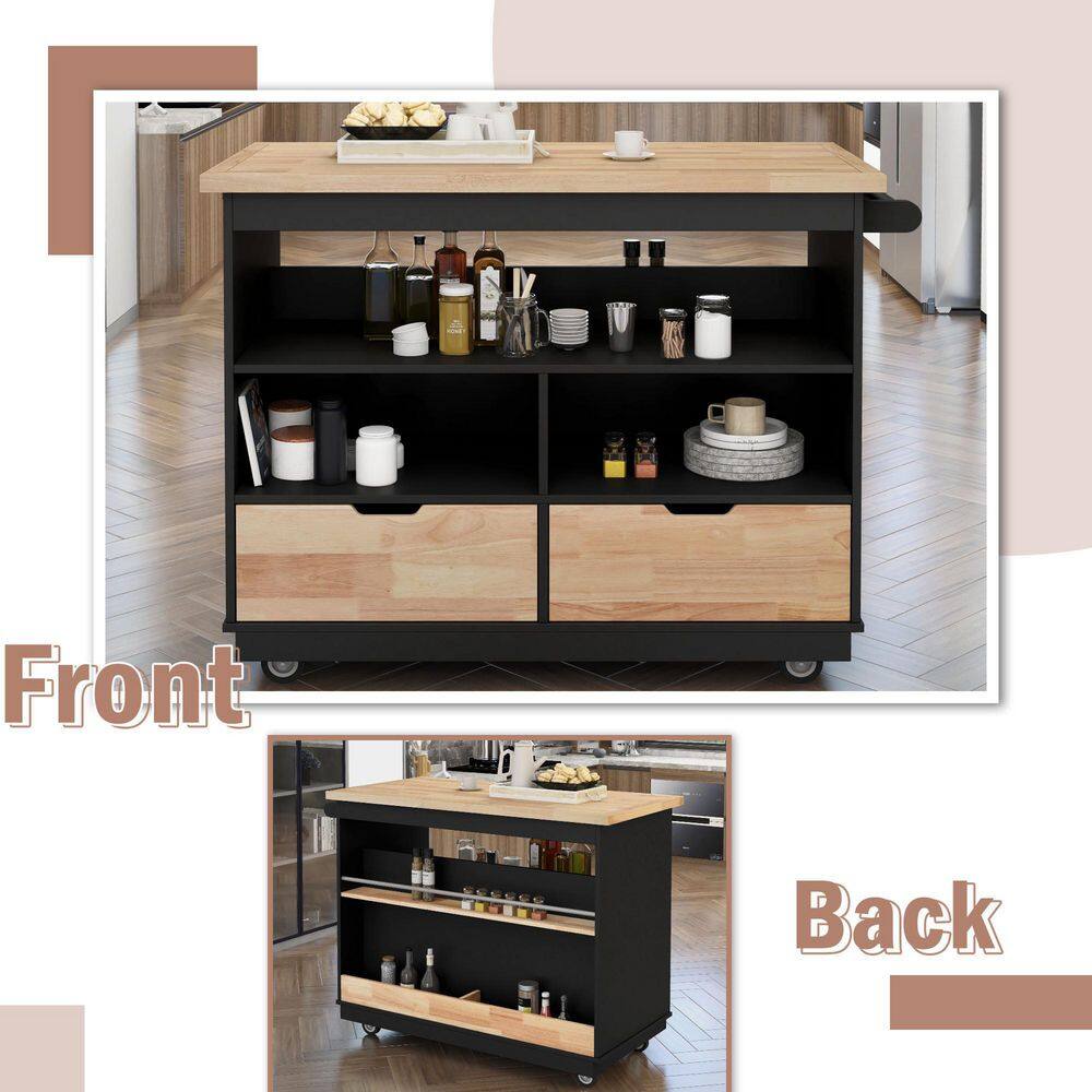 tunuo Black Rolling Kitchen Island with Rubber Wood Tabletop and Storage SF-5001AAB