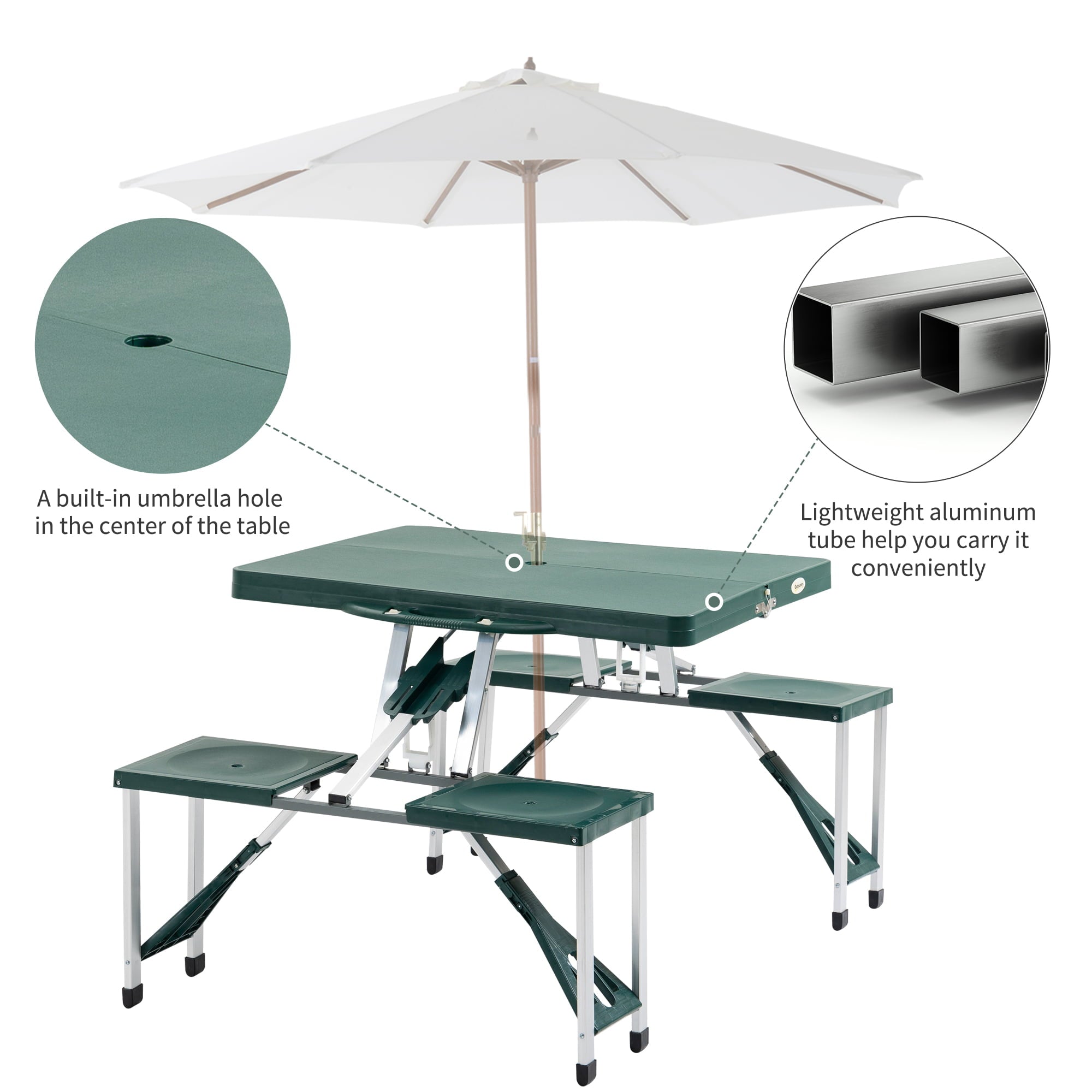 Outsunny 4 Person Plastic Portable Compact Folding Suitcase Picnic Table Set with Umbrella Hole - Green