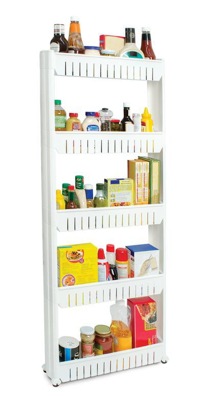 Handy Gourmet Mobile Shelving 5 Tier Slim Storage Tower for Kitchen， Bathroom