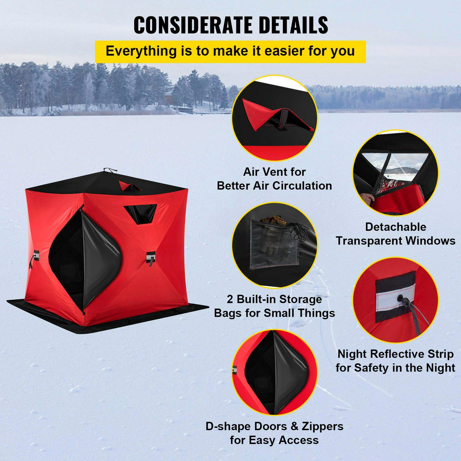 VEVORbrand Waterproof Pop-Up 2-Person Carrying Bag Ice Fishing Shelter with Detachable Ventilation Windows， 300D Oxford Fabric Zippered Door Shanty for Outdoor Fishing， Red