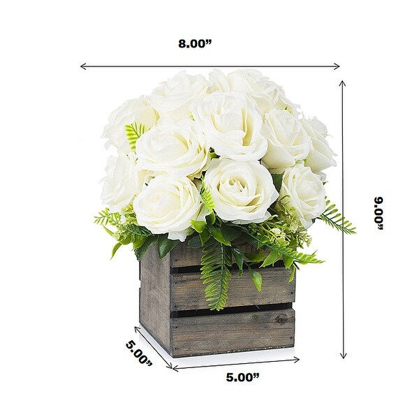 Enova Home 18 Heads Mixed Artificial Silk Roses Fake Flowers Arrangement with Wood Planter for Home Office Wedding Decoration