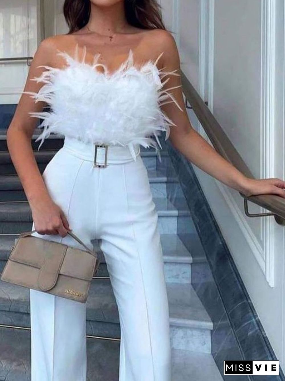 Women's Jumpsuits Feather Bandeau Belt Jumpsuit