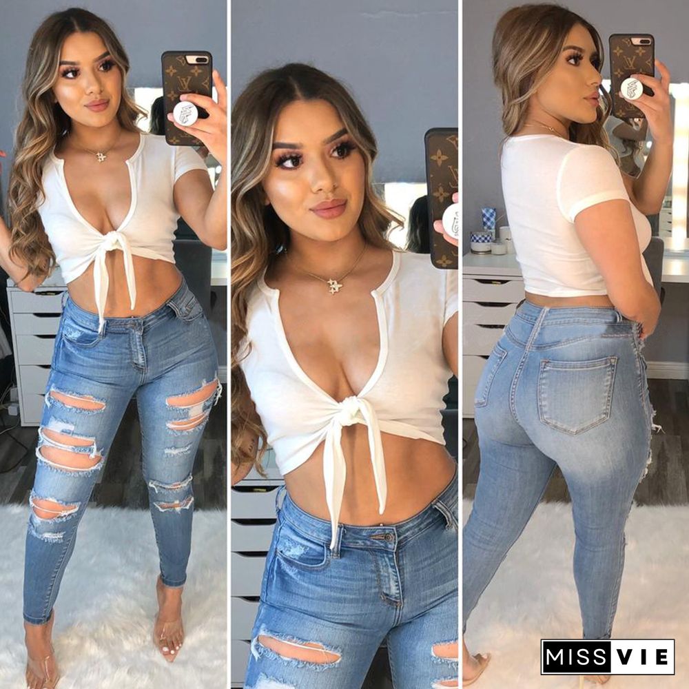 Sexy Solid Color Lace-Up V-Neck Dew Waist T-Shirt